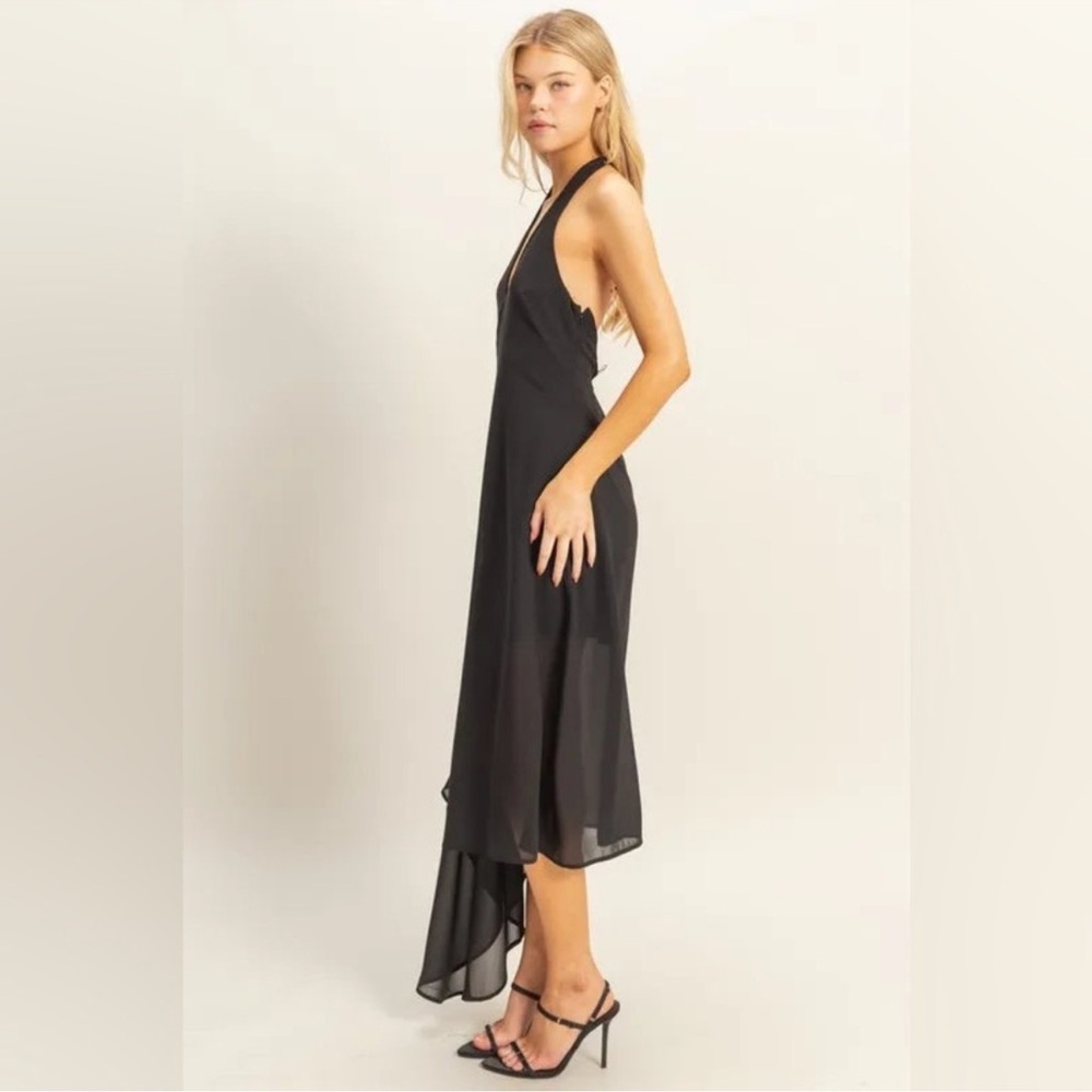 Black Halter Rosette Asymmetrical Dress - Picture 3 of 10